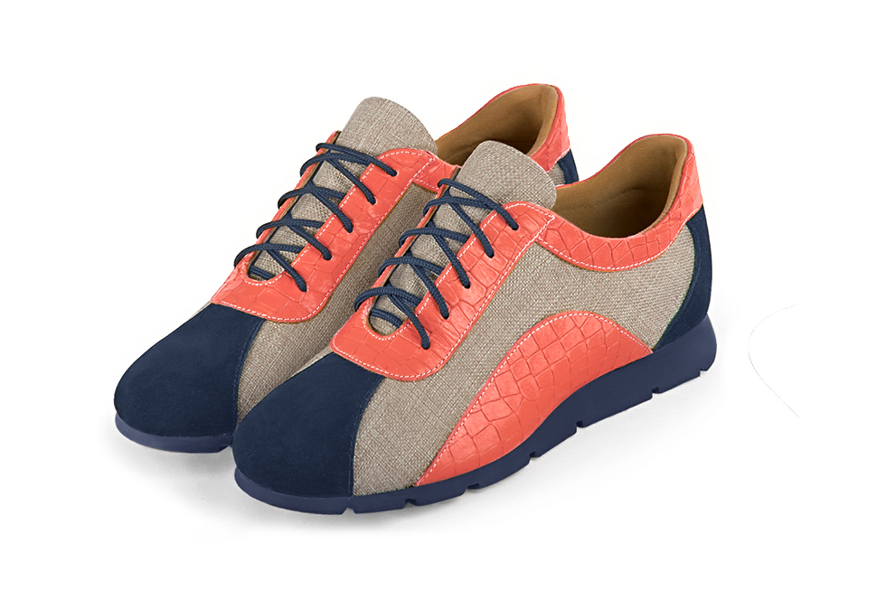 Navy blue and coral orange women's three-tone elegant sneakers. Round toe. Flat rubber soles. Front view - Florence KOOIJMAN